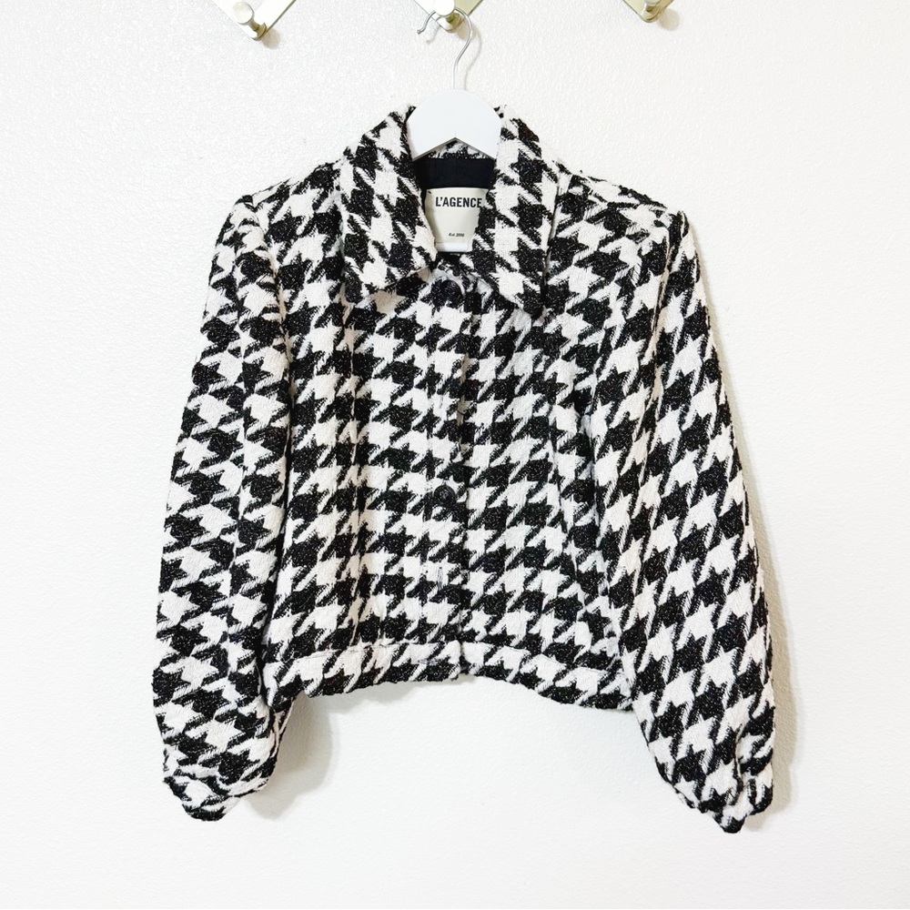 L’Agence Bridges Crop Metallic Woven Black White Houndstooth Blazer Jacket 8 - Picture 6 of 10